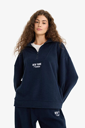 Oversize Geniş Kalıp Dik Yaka Fermuarlı Baskılı Polar Sweatshirt