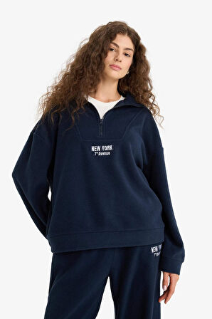 Oversize Geniş Kalıp Dik Yaka Fermuarlı Baskılı Polar Sweatshirt