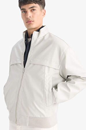 Oversize Geniş Kalıp Dik Yaka Fermuarlı Suni Deri Mont