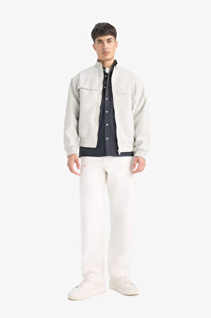 Oversize Geniş Kalıp Dik Yaka Fermuarlı Suni Deri Mont