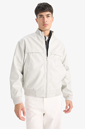 Oversize Geniş Kalıp Dik Yaka Fermuarlı Suni Deri Mont