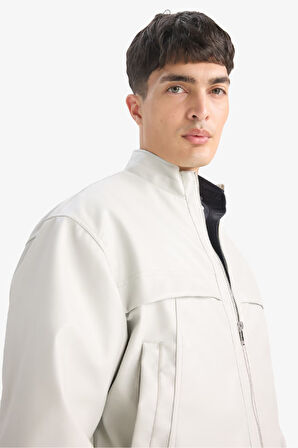 Oversize Geniş Kalıp Dik Yaka Fermuarlı Suni Deri Mont