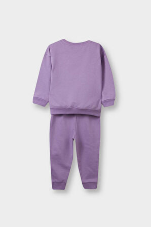 Kız Bebek 2'li Takım Baskılı İçi Yumuşak Tüylü Sweatshirt Eşofman Altı