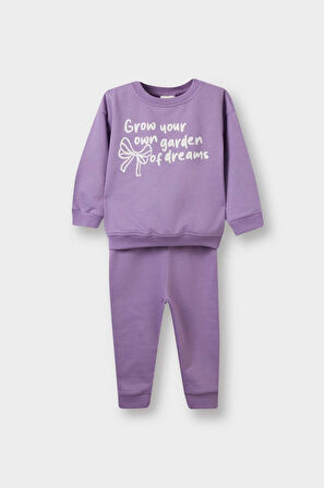 Kız Bebek 2'li Takım Baskılı İçi Yumuşak Tüylü Sweatshirt Eşofman Altı