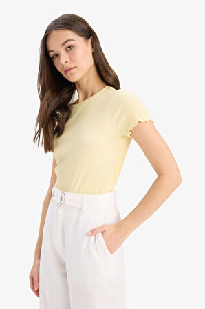 Fitted Bisiklet Yaka Basic Düz Fitilli Kaşkorse Kısa Kollu Tişört