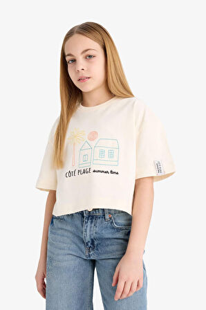 Kız Çocuk Boxy Fit Bisiklet Yaka Baskılı Kısa Kollu Tişört