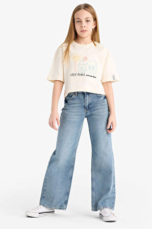 DeFacto Kız Çocuk Boxy Fit Bisiklet Yaka Baskılı Kısa Kollu Tişört E4407A825SMER233