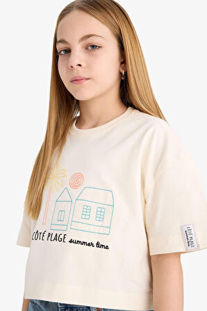 DeFacto Kız Çocuk Boxy Fit Bisiklet Yaka Baskılı Kısa Kollu Tişört E4407A825SMER233