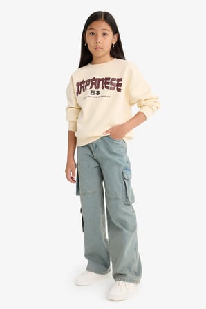 Kız Çocuk Relax Fit Bisiklet Yaka Baskılı İçi Yumuşak Tüylü Sweatshirt