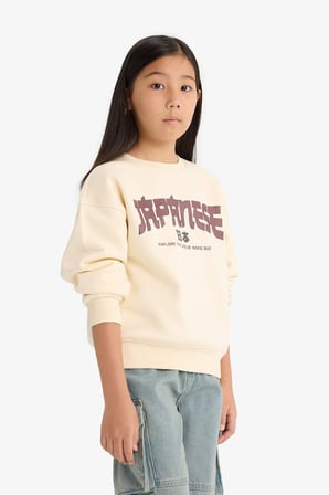 Kız Çocuk Relax Fit Bisiklet Yaka Baskılı İçi Yumuşak Tüylü Sweatshirt