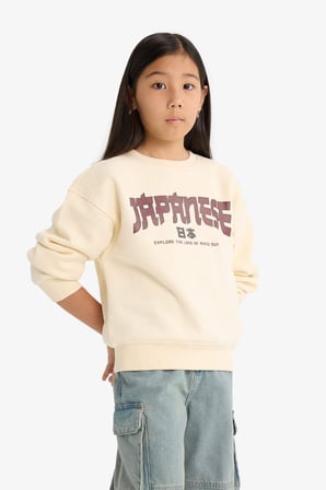 Kız Çocuk Relax Fit Bisiklet Yaka Baskılı İçi Yumuşak Tüylü Sweatshirt