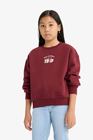 Kız Çocuk Relax Fit Bisiklet Yaka Baskılı İçi Yumuşak Tüylü Sweatshirt