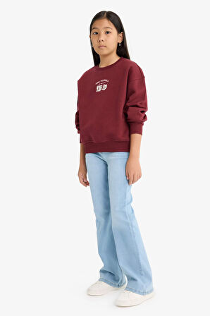 Kız Çocuk Relax Fit Bisiklet Yaka Baskılı İçi Yumuşak Tüylü Sweatshirt