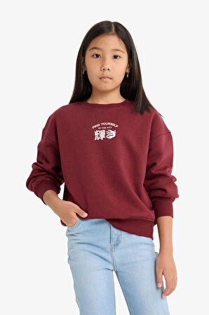 Kız Çocuk Relax Fit Bisiklet Yaka Baskılı İçi Yumuşak Tüylü Sweatshirt