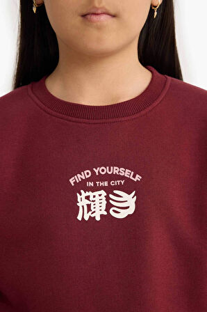 Kız Çocuk Relax Fit Bisiklet Yaka Baskılı İçi Yumuşak Tüylü Sweatshirt