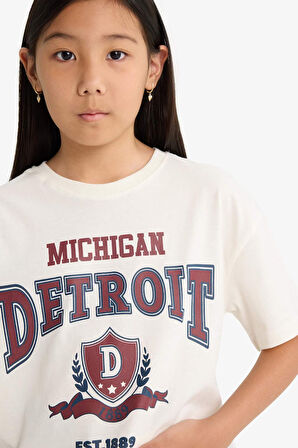 Kız Çocuk Oversize Geniş Kalıp Bisiklet Yaka Baskılı Kısa Kollu Tişört