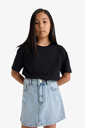 Kız Çocuk Relax Fit Bisiklet Yaka Kısa Kollu Tişört