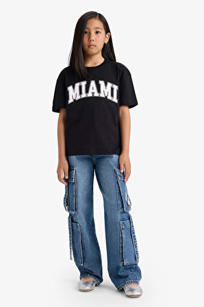 Kız Çocuk Relax Fit Bisiklet Yaka Baskılı Kısa Kollu Tişört