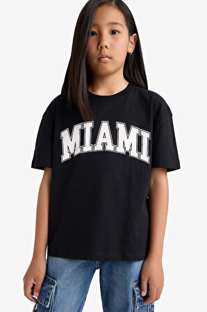 Kız Çocuk Relax Fit Bisiklet Yaka Baskılı Kısa Kollu Tişört