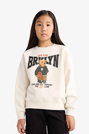 Kız Çocuk Relax Fit Bisiklet Yaka Baskılı İçi Yumuşak Tüylü Sweatshirt