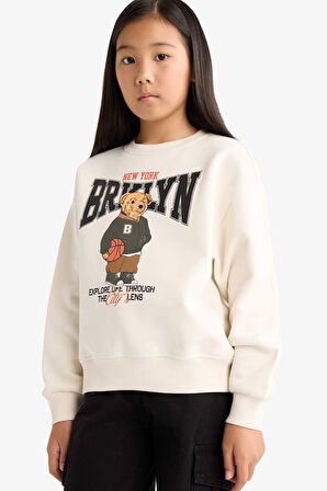 Kız Çocuk Relax Fit Bisiklet Yaka Baskılı İçi Yumuşak Tüylü Sweatshirt