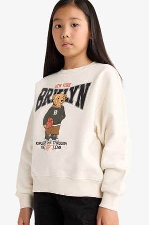 DeFacto Relax Fit Bisiklet Yaka Baskılı İçi Yumuşak Tüylü Sweatshirt Kız Çocuk E6780A825WNER105