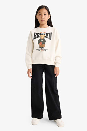 Kız Çocuk Relax Fit Bisiklet Yaka Baskılı İçi Yumuşak Tüylü Sweatshirt