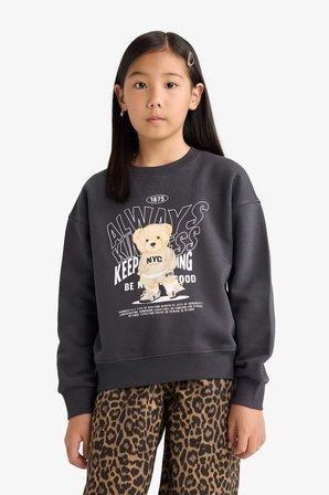 DeFacto Relax Fit Bisiklet Yaka Baskılı İçi Yumuşak Tüylü Sweatshirt Kız Çocuk E6780A825WNAR138