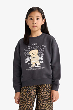 Kız Çocuk Relax Fit Bisiklet Yaka Baskılı İçi Yumuşak Tüylü Sweatshirt