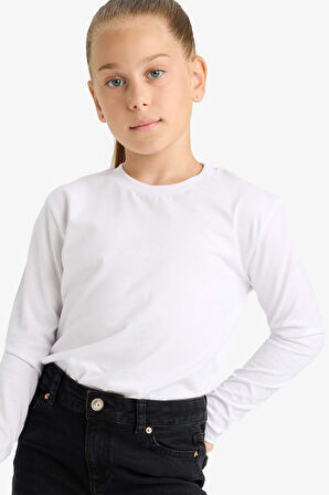 Kız Çocuk Bisiklet Yaka Uzun Kollu Okul Tişörtü