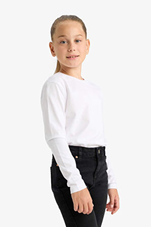 Kız Çocuk Bisiklet Yaka Uzun Kollu Okul Tişörtü