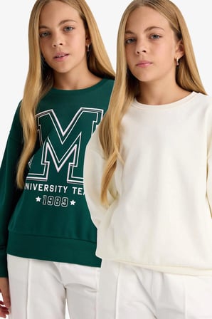Defacto E6474A8ER105 Ekru Kız Çocuk Okul Relax Fit Bisiklet Yaka Baskılı 2'li Sweatshirt