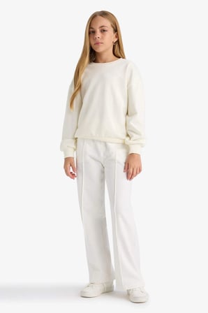 Defacto E6474A8ER105 Ekru Kız Çocuk Okul Relax Fit Bisiklet Yaka Baskılı 2'li Sweatshirt
