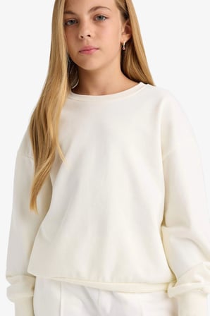 Defacto E6474A8ER105 Ekru Kız Çocuk Okul Relax Fit Bisiklet Yaka Baskılı 2'li Sweatshirt