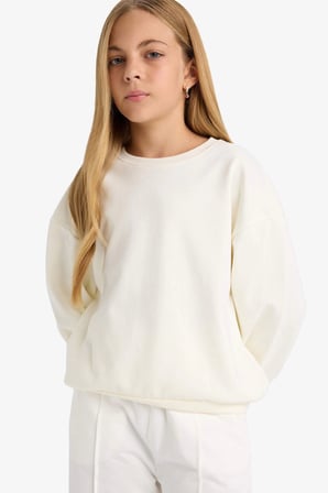 Defacto E6474A8ER105 Ekru Kız Çocuk Okul Relax Fit Bisiklet Yaka Baskılı 2'li Sweatshirt