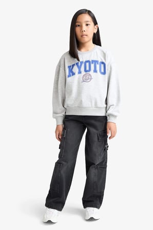 Defacto E6473A8BK81 Siyah Kız Çocuk Relax Fit Bisiklet Yaka Baskılı 2'li Sweatshirt