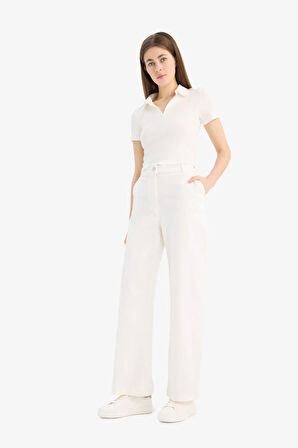 Wide Leg Gabardin Kumaş Pantolon Çift Cepli Normal Bel Geniş Paça
