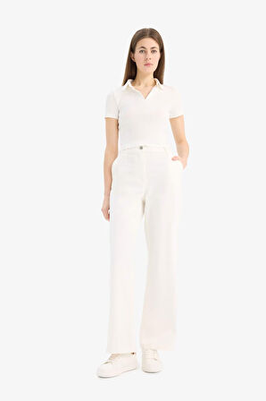 Wide Leg Gabardin Kumaş Pantolon Çift Cepli Normal Bel Geniş Paça