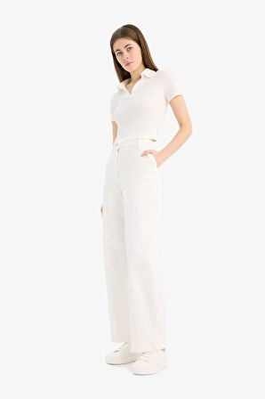 Wide Leg Gabardin Kumaş Pantolon Çift Cepli Normal Bel Geniş Paça