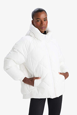 DeFactoFit Su İtici Oversize Fit Geniş Kalıp Kapüşonlu Fermuarlı Cepli Şişme Mont