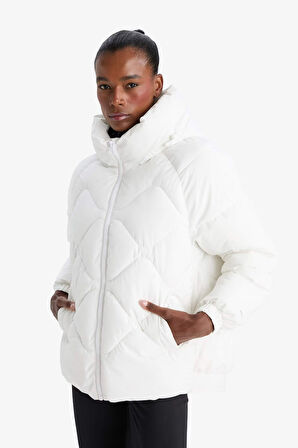 DeFactoFit Su İtici Oversize Fit Geniş Kalıp Kapüşonlu Fermuarlı Cepli Şişme Mont