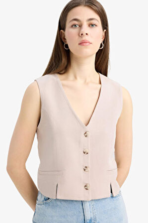 	V Yaka Keten Karışımlı Beyaz Blazer Yelek
