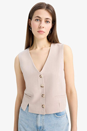 	V Yaka Keten Karışımlı Beyaz Blazer Yelek