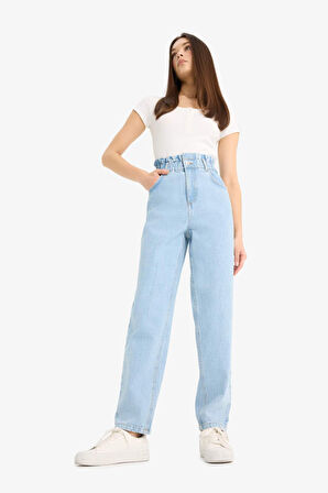 Paperbag Yüksek Bel Düz Paça Uzun Jean Kar Yıkamalı Pantolon