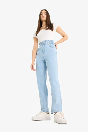 Paperbag Yüksek Bel Düz Paça Uzun Jean Kar Yıkamalı Pantolon