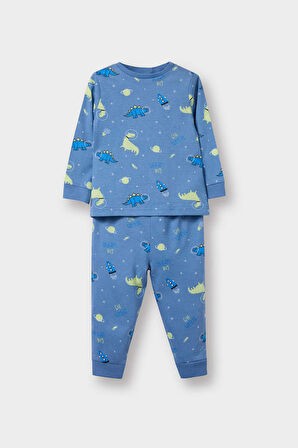 Erkek Bebek Pijama Takımı Dinazor Baskılı Uzun Kollu Penye Üst Uzun Alt