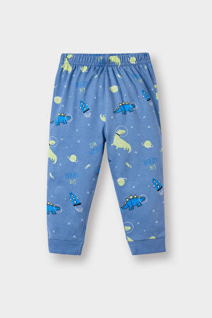 Erkek Bebek Pijama Takımı Dinazor Baskılı Uzun Kollu Penye Üst Uzun Alt