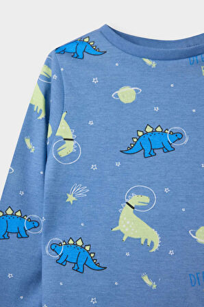 Erkek Bebek Pijama Takımı Dinazor Baskılı Uzun Kollu Penye Üst Uzun Alt