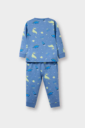 Erkek Bebek Pijama Takımı Dinazor Baskılı Uzun Kollu Penye Üst Uzun Alt