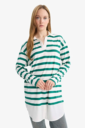 Regular Fit Polo Yaka Çizgili Uzun Kollu Sweatshirt Tunik 